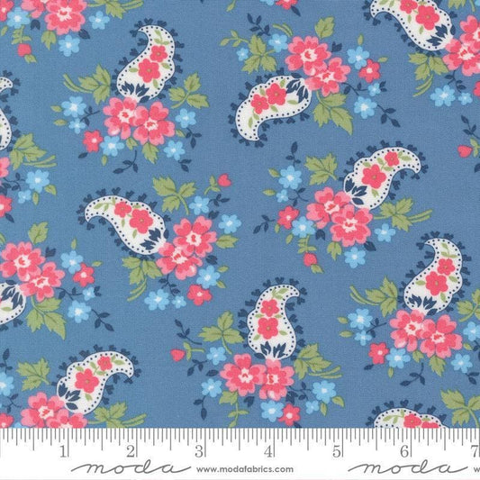 Image of A Cat Named Stitch Paisley Blue quilting cotton fabric by Camille Roskelley for Riley Blake Designs. Features paisley and flowers on a blue background. Cute Little Fabric Shop.