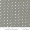 Image of A Cat Named Stitch Cosmo Tabby quilting cotton fabric by Camille Roskelley for Riley Blake Designs. Features polka dot squares on a gray background. Cute Little Fabric Shop.