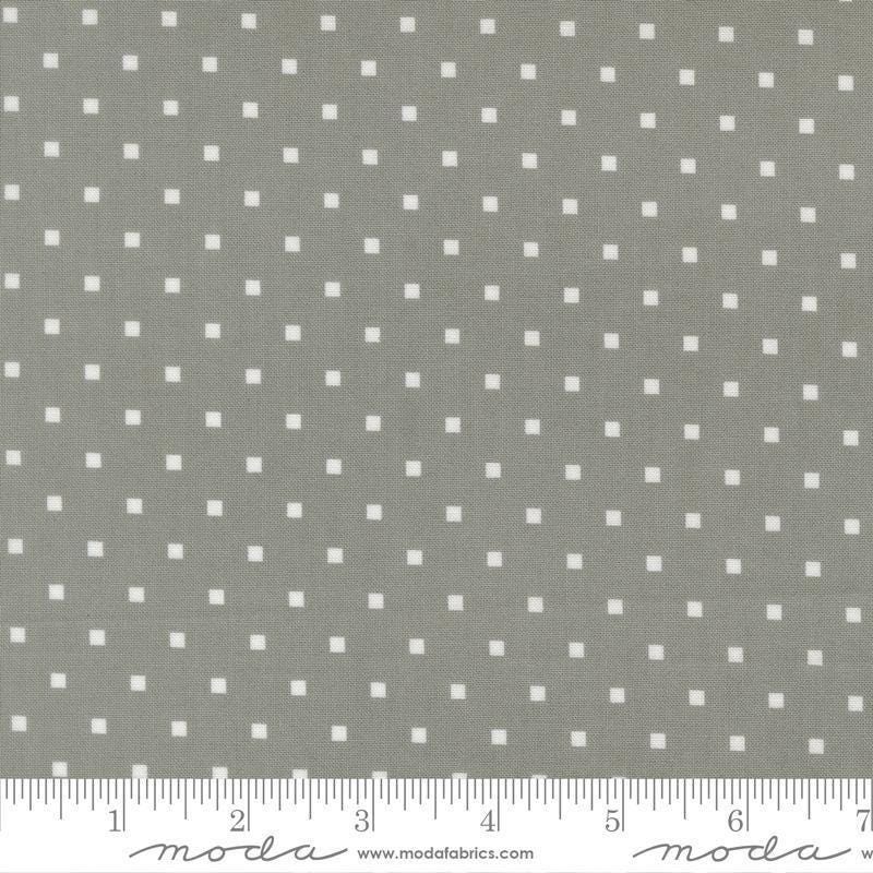 Image of A Cat Named Stitch Cosmo Tabby quilting cotton fabric by Camille Roskelley for Riley Blake Designs. Features polka dot squares on a gray background. Cute Little Fabric Shop.