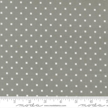 Image of A Cat Named Stitch Cosmo Tabby quilting cotton fabric by Camille Roskelley for Riley Blake Designs. Features polka dot squares on a gray background. Cute Little Fabric Shop.