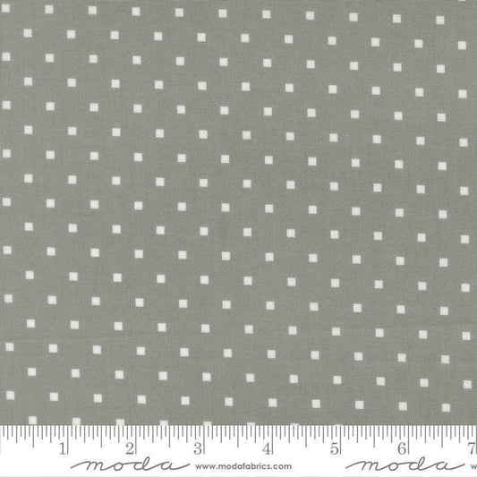 Image of A Cat Named Stitch Cosmo Tabby quilting cotton fabric by Camille Roskelley for Riley Blake Designs. Features polka dot squares on a gray background. Cute Little Fabric Shop.