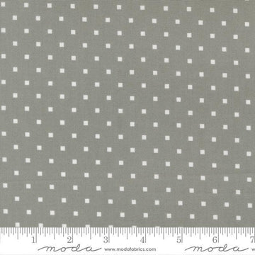 Image of A Cat Named Stitch Cosmo Tabby quilting cotton fabric by Camille Roskelley for Riley Blake Designs. Features polka dot squares on a gray background. Cute Little Fabric Shop.