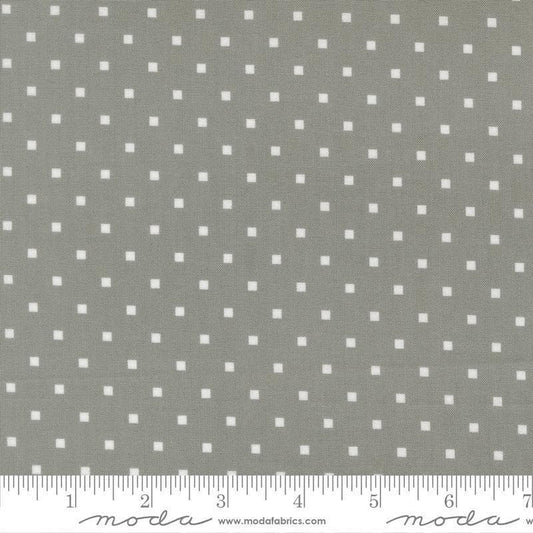 Image of A Cat Named Stitch Cosmo Tabby quilting cotton fabric by Camille Roskelley for Riley Blake Designs. Features polka dot squares on a gray background. Cute Little Fabric Shop.