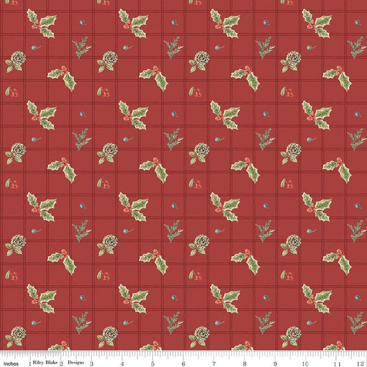 Image of Holiday Spirit Holly Red quilting cotton fabric by Lisa Audit for Riley Blake Designs. Features holly on a red background. Cute Little Fabric Shop.