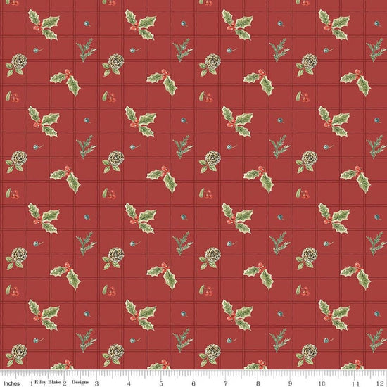 Image of Holiday Spirit Holly Red quilting cotton fabric by Lisa Audit for Riley Blake Designs. Features holly on a red background. Cute Little Fabric Shop.