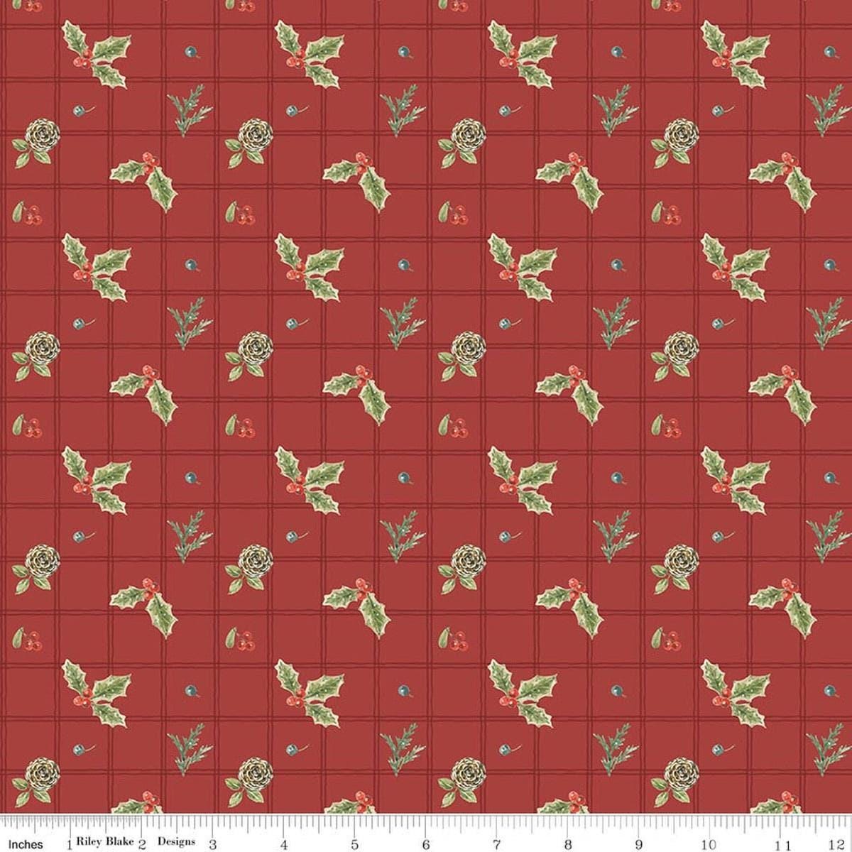 Image of Holiday Spirit Holly Red quilting cotton fabric by Lisa Audit for Riley Blake Designs. Features holly on a red background. Cute Little Fabric Shop.