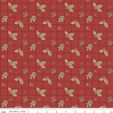 Image of Holiday Spirit Holly Red quilting cotton fabric by Lisa Audit for Riley Blake Designs. Features holly on a red background. Cute Little Fabric Shop.