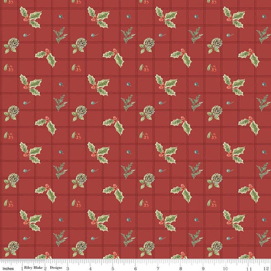 Image of Holiday Spirit Holly Red quilting cotton fabric by Lisa Audit for Riley Blake Designs. Features holly on a red background. Cute Little Fabric Shop.