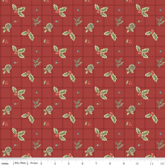 Image of Holiday Spirit Holly Red quilting cotton fabric by Lisa Audit for Riley Blake Designs. Features holly on a red background. Cute Little Fabric Shop.