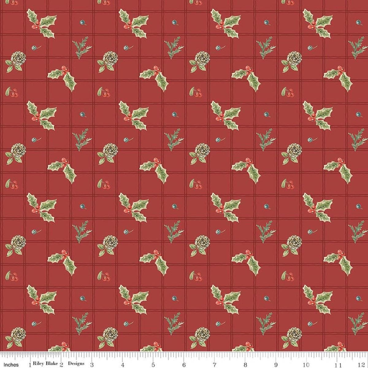 Image of Holiday Spirit Holly Red quilting cotton fabric by Lisa Audit for Riley Blake Designs. Features holly on a red background. Cute Little Fabric Shop.