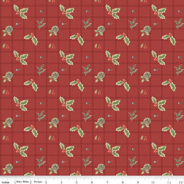 Image of Holiday Spirit Holly Red quilting cotton fabric by Lisa Audit for Riley Blake Designs. Features holly on a red background. Cute Little Fabric Shop.