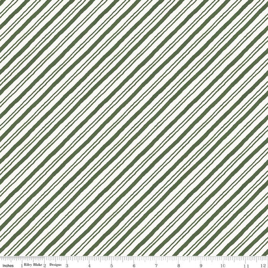 Image of Holiday Spirit Stripes Green quilting cotton fabric by Lisa Audit for Riley Blake Designs. Features stripes on a green background. Cute Little Fabric Shop.