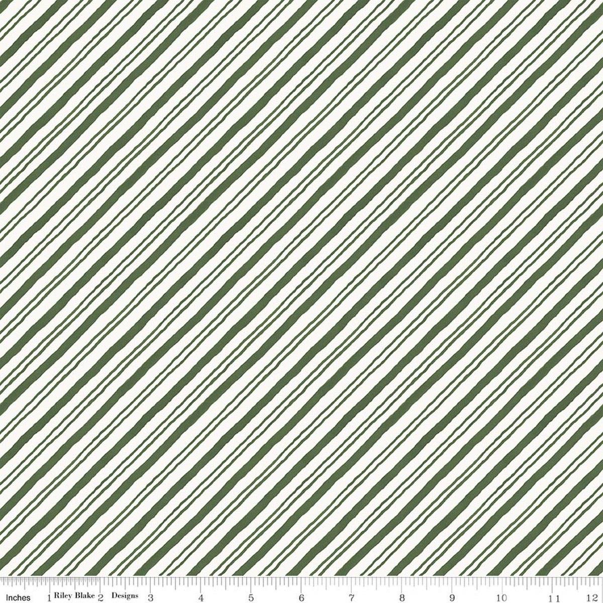 Image of Holiday Spirit Stripes Green quilting cotton fabric by Lisa Audit for Riley Blake Designs. Features stripes on a green background. Cute Little Fabric Shop.