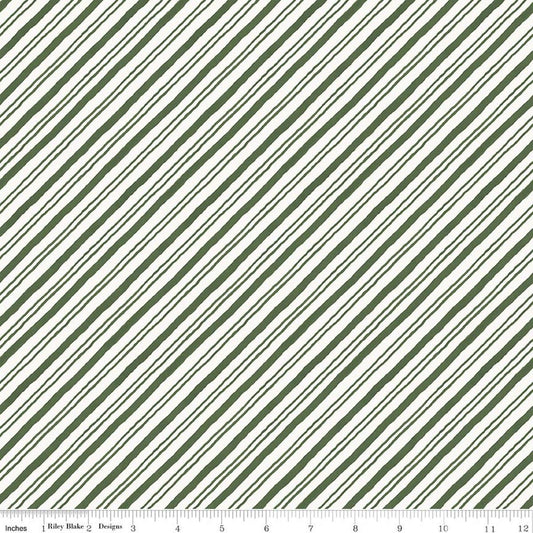 Image of Holiday Spirit Stripes Green quilting cotton fabric by Lisa Audit for Riley Blake Designs. Features stripes on a green background. Cute Little Fabric Shop.