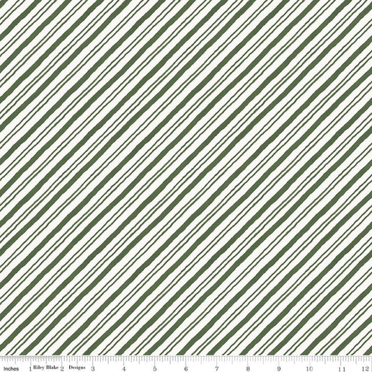 Image of Holiday Spirit Stripes Green quilting cotton fabric by Lisa Audit for Riley Blake Designs. Features stripes on a green background. Cute Little Fabric Shop.