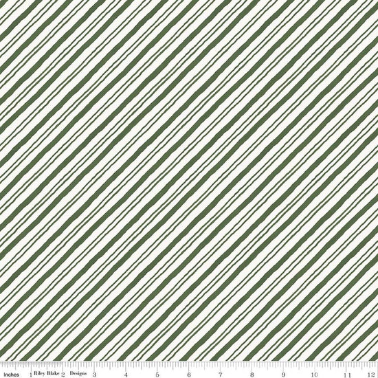 Image of Holiday Spirit Stripes Green quilting cotton fabric by Lisa Audit for Riley Blake Designs. Features stripes on a green background. Cute Little Fabric Shop.