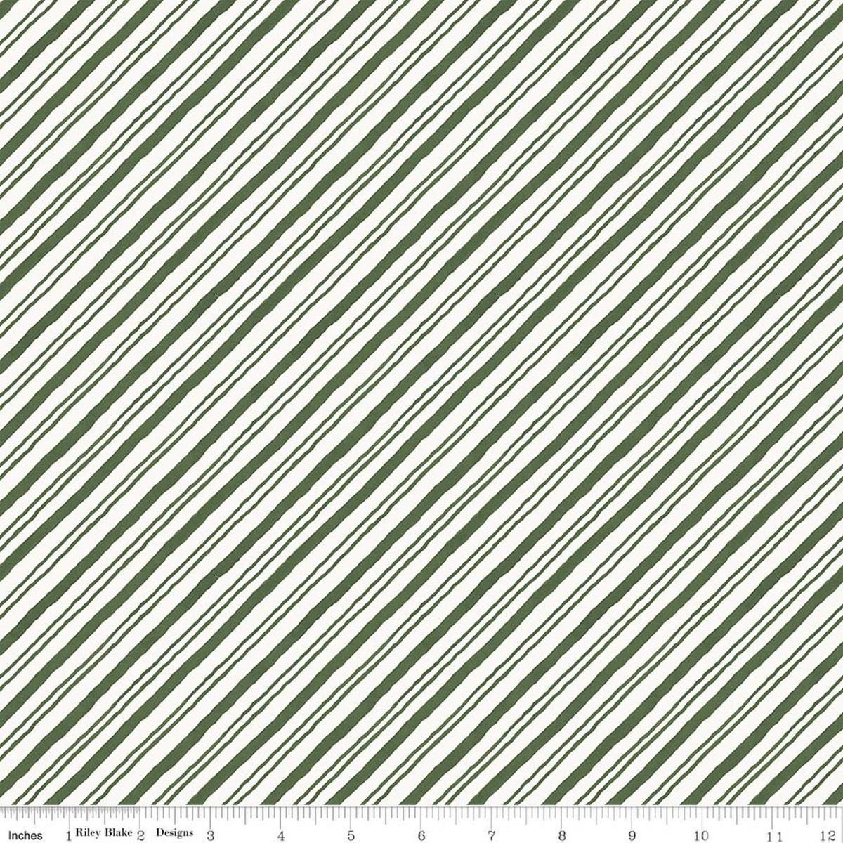Image of Holiday Spirit Stripes Green quilting cotton fabric by Lisa Audit for Riley Blake Designs. Features stripes on a green background. Cute Little Fabric Shop.
