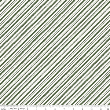 Image of Holiday Spirit Stripes Green quilting cotton fabric by Lisa Audit for Riley Blake Designs. Features stripes on a green background. Cute Little Fabric Shop.