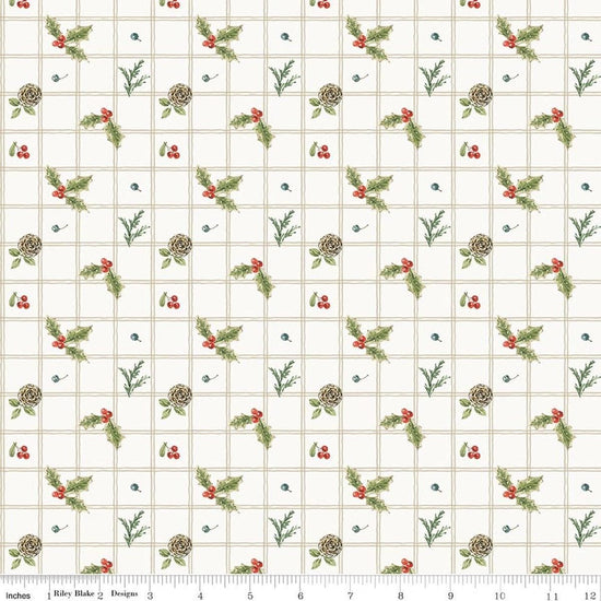 Image of Holiday Spirit Holly Cream quilting cotton fabric by Lisa Audit for Riley Blake Designs. Features holly on a white background. Cute Little Fabric Shop.