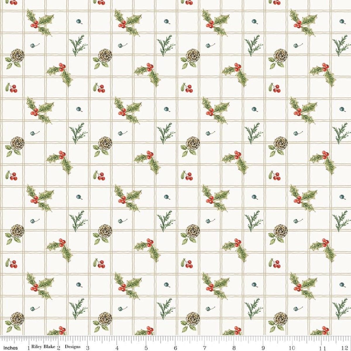 Image of Holiday Spirit Holly Cream quilting cotton fabric by Lisa Audit for Riley Blake Designs. Features holly on a white background. Cute Little Fabric Shop.