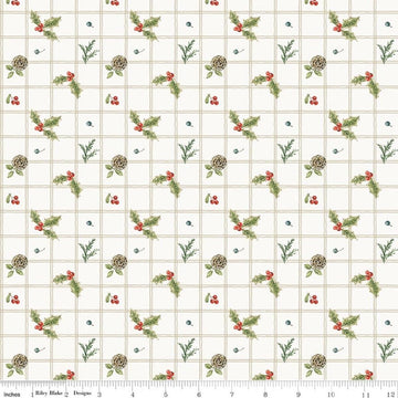 Image of Holiday Spirit Holly Cream quilting cotton fabric by Lisa Audit for Riley Blake Designs. Features holly on a white background. Cute Little Fabric Shop.
