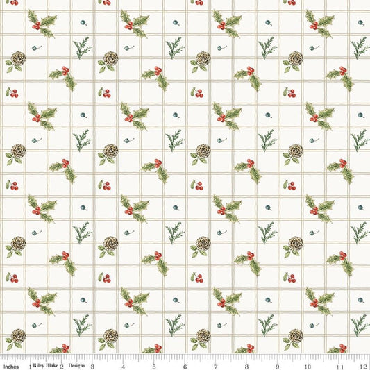 Image of Holiday Spirit Holly Cream quilting cotton fabric by Lisa Audit for Riley Blake Designs. Features holly on a white background. Cute Little Fabric Shop.