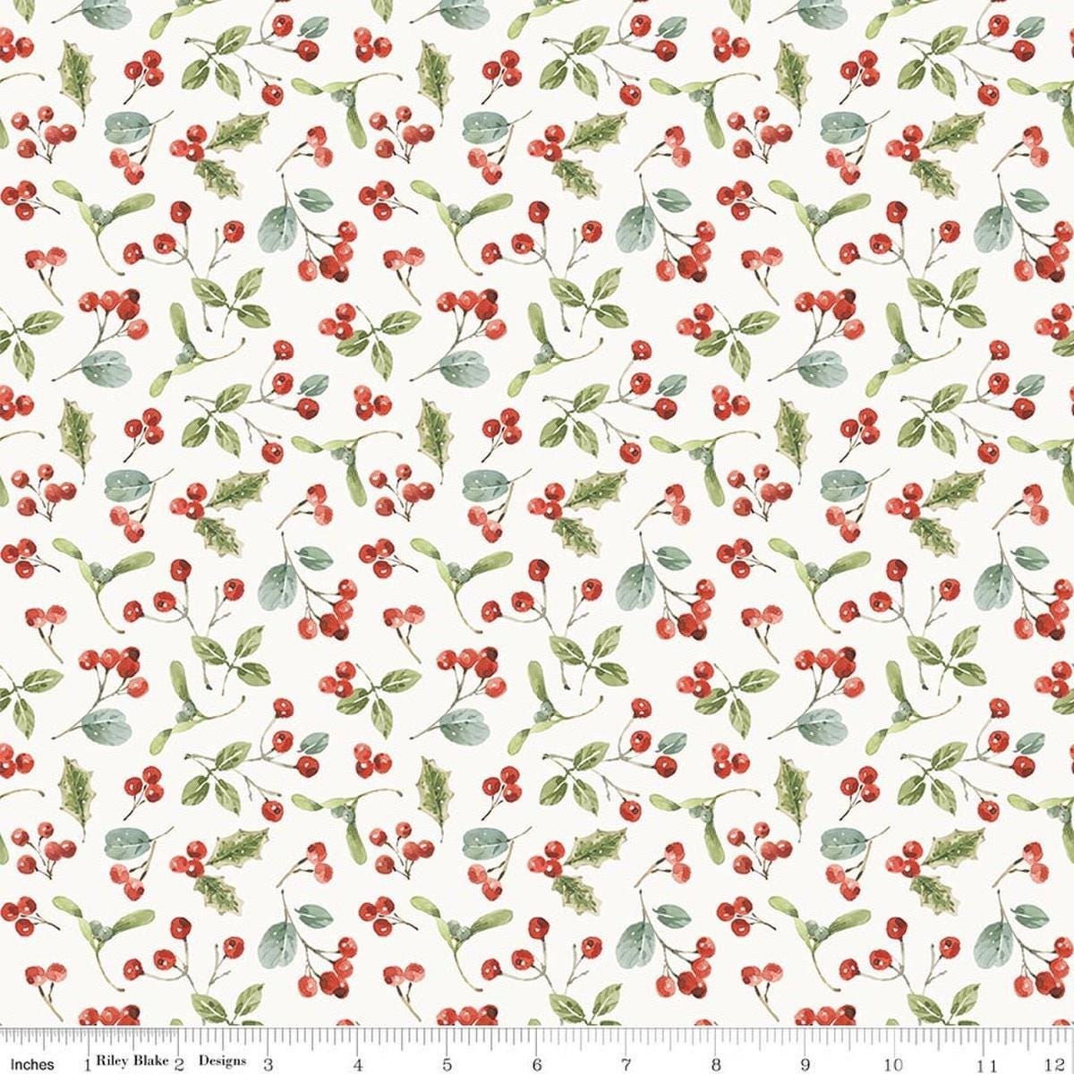 Image of Holiday Spirit Berries Cream quilting cotton fabric by Lisa Audit for Riley Blake Designs. Features berries on a cream background. Cute Little Fabric Shop.