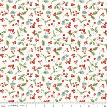 Image of Holiday Spirit Berries Cream quilting cotton fabric by Lisa Audit for Riley Blake Designs. Features berries on a cream background. Cute Little Fabric Shop.