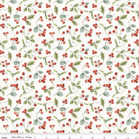 Image of Holiday Spirit Berries Cream quilting cotton fabric by Lisa Audit for Riley Blake Designs. Features berries on a cream background. Cute Little Fabric Shop.