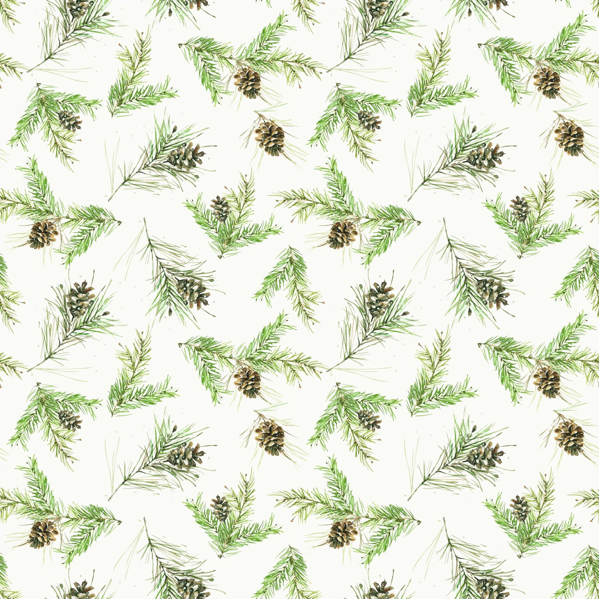 Image of Holiday Spirit Pinecones Cream quilting cotton fabric by Lisa Audit for Riley Blake Designs. Features leaves on a white background. Cute Little Fabric Shop.