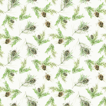Image of Holiday Spirit Pinecones Cream quilting cotton fabric by Lisa Audit for Riley Blake Designs. Features leaves on a white background. Cute Little Fabric Shop.