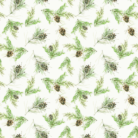 Image of Holiday Spirit Pinecones Cream quilting cotton fabric by Lisa Audit for Riley Blake Designs. Features leaves on a white background. Cute Little Fabric Shop.