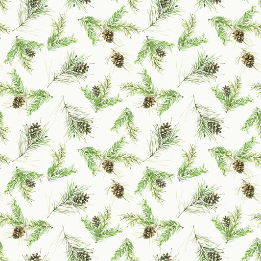Image of Holiday Spirit Pinecones Cream quilting cotton fabric by Lisa Audit for Riley Blake Designs. Features leaves on a white background. Cute Little Fabric Shop.