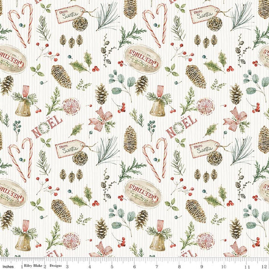 Image of Holiday Spirit Christmas Toss Cream quilting cotton fabric by Lisa Audit for Riley Blake Designs. Features christmas items on a cream background. Cute Little Fabric Shop.