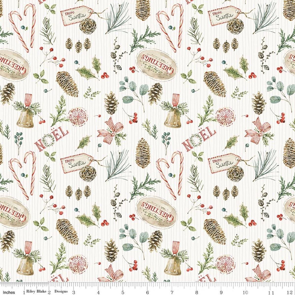 Image of Holiday Spirit Christmas Toss Cream quilting cotton fabric by Lisa Audit for Riley Blake Designs. Features christmas items on a cream background. Cute Little Fabric Shop.