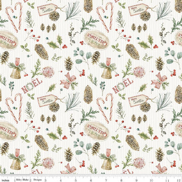 Image of Holiday Spirit Christmas Toss Cream quilting cotton fabric by Lisa Audit for Riley Blake Designs. Features christmas items on a cream background. Cute Little Fabric Shop.