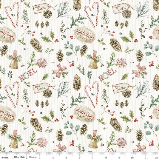 Image of Holiday Spirit Christmas Toss Cream quilting cotton fabric by Lisa Audit for Riley Blake Designs. Features christmas items on a cream background. Cute Little Fabric Shop.