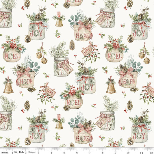 Image of Holiday Spirit Main Cream quilting cotton fabric by Lisa Audit for Riley Blake Designs. Features leaves on a white background. Cute Little Fabric Shop.