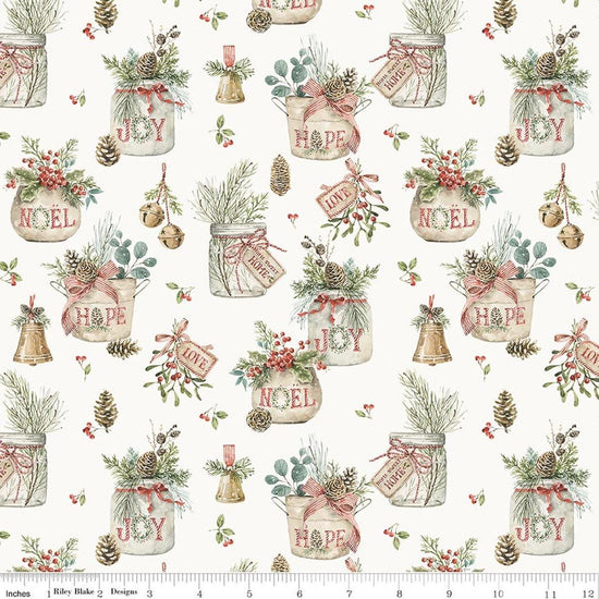 Image of Holiday Spirit Main Cream quilting cotton fabric by Lisa Audit for Riley Blake Designs. Features leaves on a white background. Cute Little Fabric Shop.