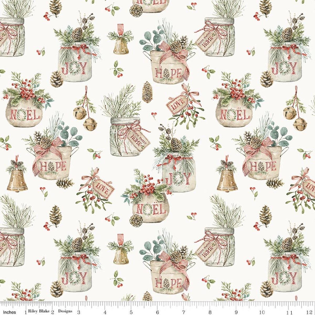 Image of Holiday Spirit Main Cream quilting cotton fabric by Lisa Audit for Riley Blake Designs. Features leaves on a white background. Cute Little Fabric Shop.