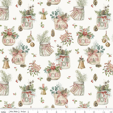 Image of Holiday Spirit Main Cream quilting cotton fabric by Lisa Audit for Riley Blake Designs. Features leaves on a white background. Cute Little Fabric Shop.