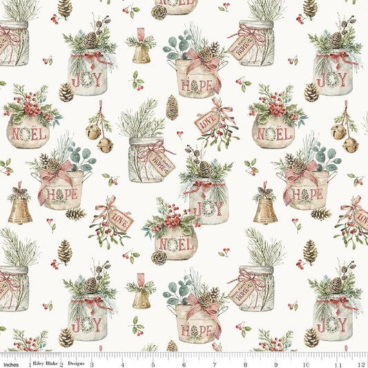 Image of Holiday Spirit Main Cream quilting cotton fabric by Lisa Audit for Riley Blake Designs. Features leaves on a white background. Cute Little Fabric Shop.