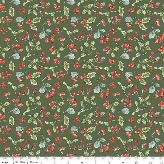Image of Holiday Spirit Berries Green quilting cotton fabric by Lisa Audit for Riley Blake Designs. Features berries on a green background. Cute Little Fabric Shop.
