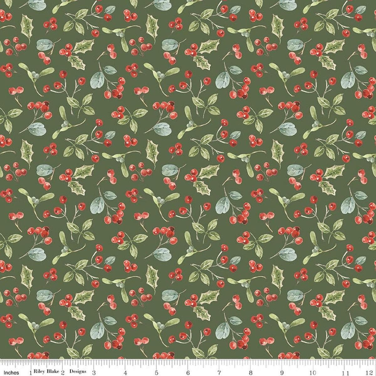 Image of Holiday Spirit Berries Green quilting cotton fabric by Lisa Audit for Riley Blake Designs. Features berries on a green background. Cute Little Fabric Shop.
