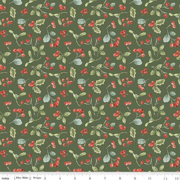 Image of Holiday Spirit Berries Green quilting cotton fabric by Lisa Audit for Riley Blake Designs. Features berries on a green background. Cute Little Fabric Shop.