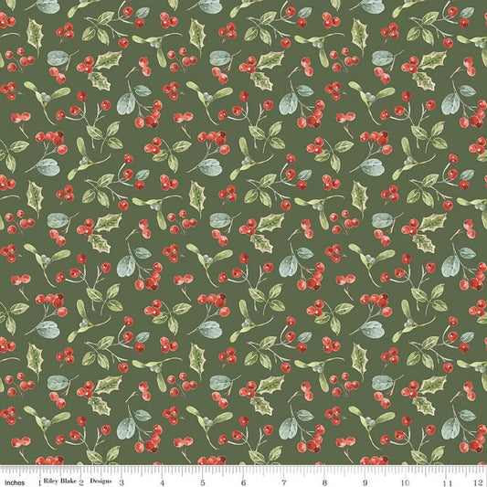 Image of Holiday Spirit Berries Green quilting cotton fabric by Lisa Audit for Riley Blake Designs. Features berries on a green background. Cute Little Fabric Shop.