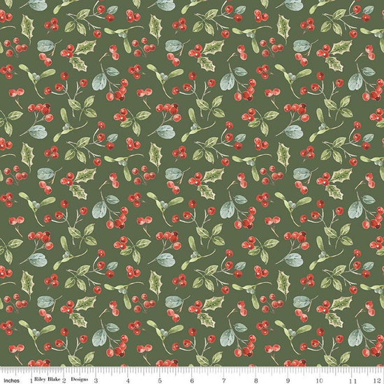 Image of Holiday Spirit Berries Green quilting cotton fabric by Lisa Audit for Riley Blake Designs. Features berries on a green background. Cute Little Fabric Shop.