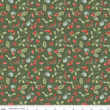 Image of Holiday Spirit Berries Green quilting cotton fabric by Lisa Audit for Riley Blake Designs. Features berries on a green background. Cute Little Fabric Shop.