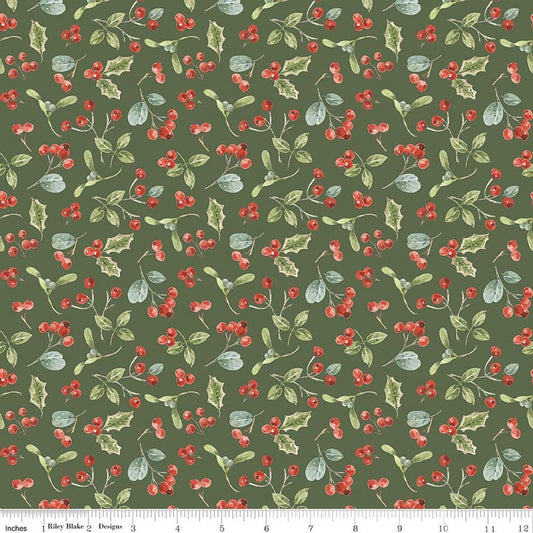 Image of Holiday Spirit Berries Green quilting cotton fabric by Lisa Audit for Riley Blake Designs. Features berries on a green background. Cute Little Fabric Shop.