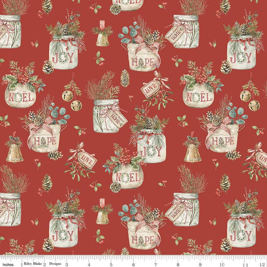 Image of Holiday Spirit Main Red quilting cotton fabric by Lisa Audit for Riley Blake Designs. Features leaves on a red background. Cute Little Fabric Shop.